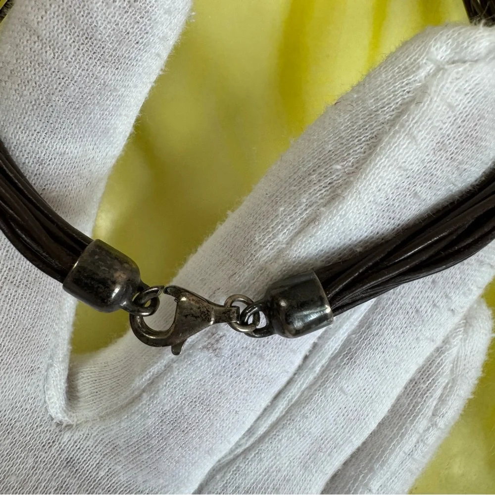 E&L Israel 925 Sterling Silver Electroform Snake Skin Disc Leather Cord Necklace
